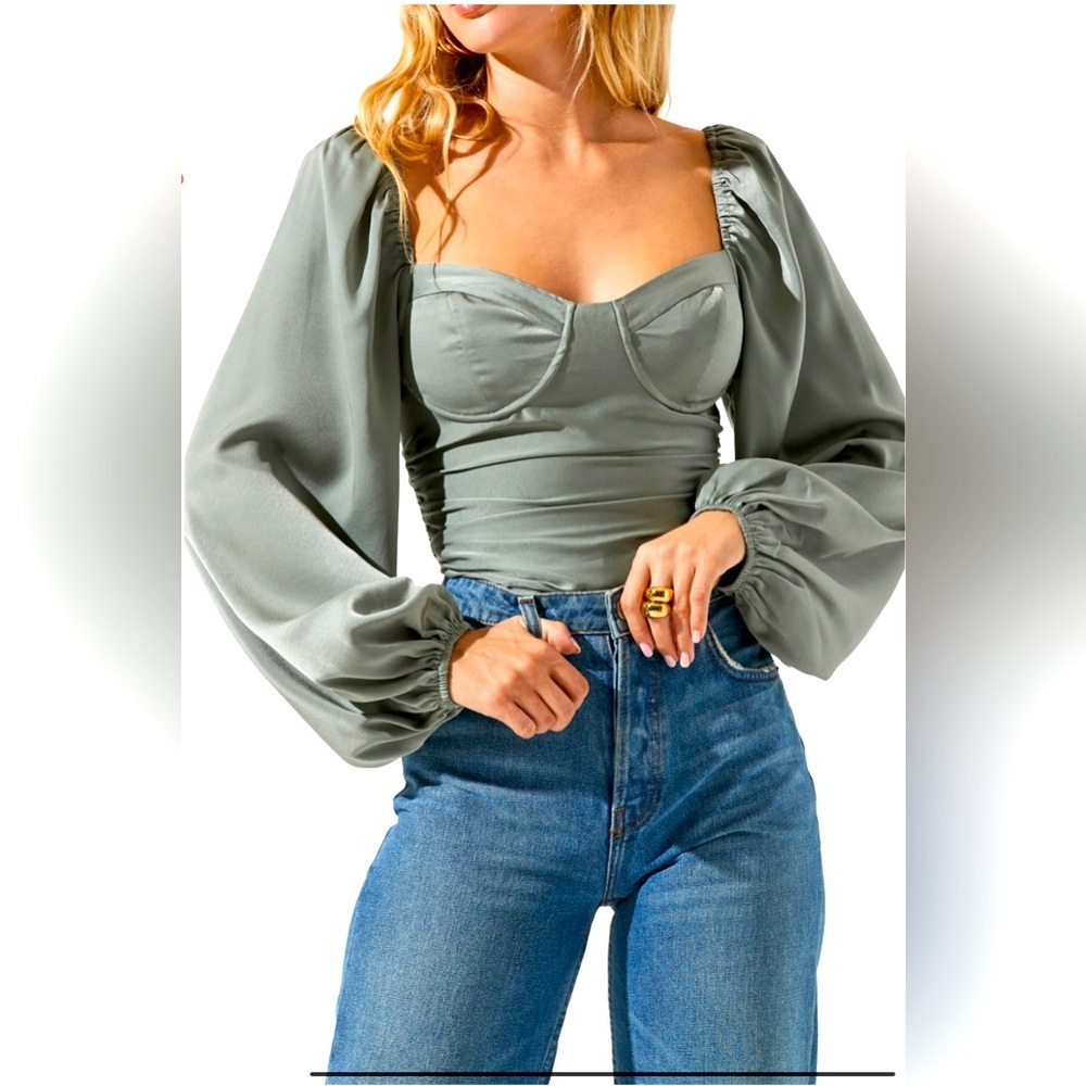 Astr Sage Green Puff Sleeve Top